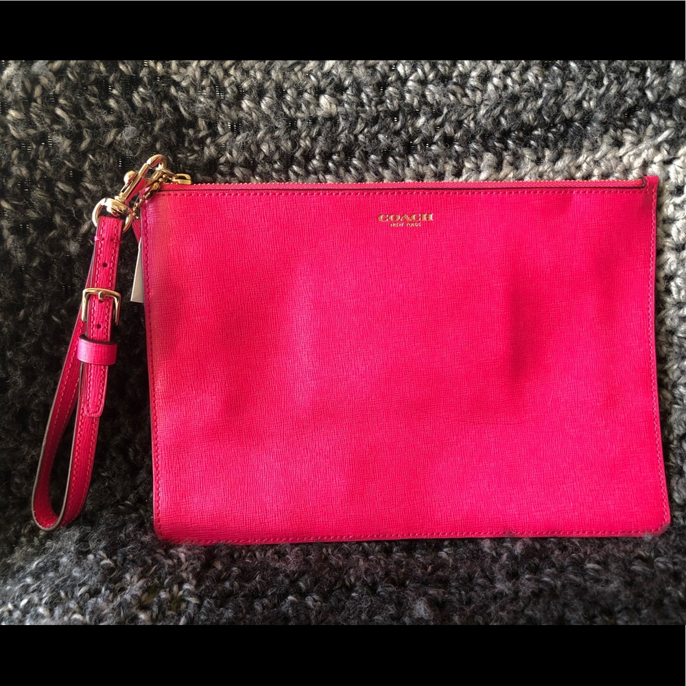 NWT Coach Saffiano Leather Flat Zip Case Pink Ruby